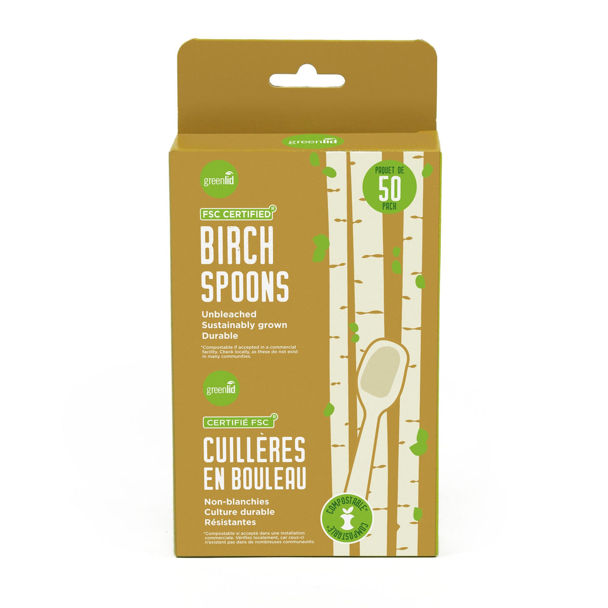 Greenlid Birch Eco Spoons, Brown, 6.8-in, 50-pk, for Christmas/Thanksgiving/New Year's Eve/Birthday Party