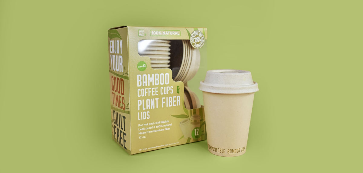 Compostable Bamboo Eco Coffee Cups with Lids, Brown, 12-oz, 12-pk, for Wedding/Birthday/Conference Event