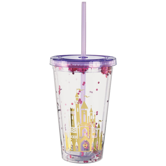 Disney Princess Once Upon A Time Plastic Reusable Tumbler Cup with Straw, Purple/Clear, Confetti, 16-oz, Reusable Party Cup with Straw for Birthday Party